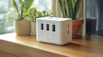  Universal travel adapter with multiple plugs compact white device featuring foldable prongs designed for compatibility with international sockets and ease of travel.