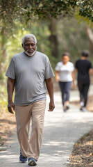 Obraz premium Aging black african american man, walking on a walking trail, exercise outdoors, some other people in background. Elderly black man in good health, walking or jogging outdoors. Senior, elderly black m