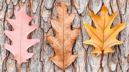 Obraz premium Three Autumn Oak Leaves on Tree Bark Background