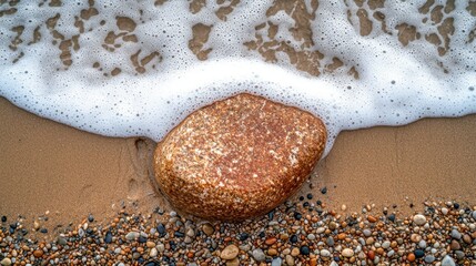 Ocean wave washing over rock on sandy beach with pebbles.