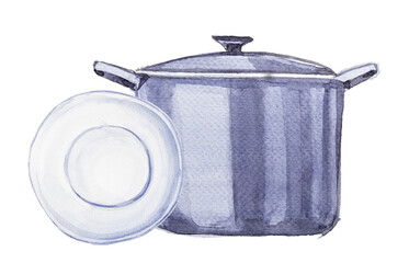 Empty plate and kitchen pot illustration isolated on a white background. Cuisine or culinary concept painting. Cook book illustration.