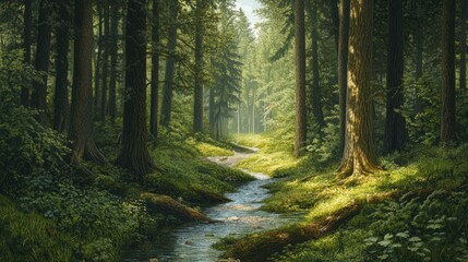 Obraz premium A peaceful forest with a small creek flowing through it, surrounded by dense trees