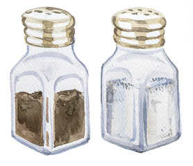  Salt and pepper shakers for kitchen isolated on a white background. Cuisine and cooking concept illustration.