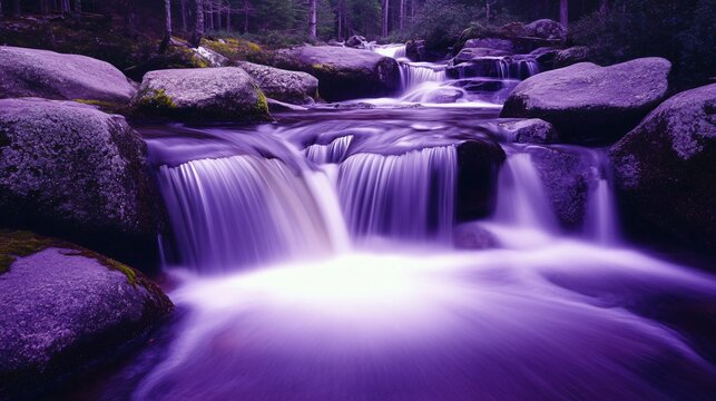 Serene Purple Waterfall Cascading over Rocks in Forest