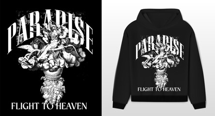 Art design of urban featuring an illustrated angels, victorian illustration. Gothic font texts add an authentic urban, white hoodie and template. Perfect for clothing patterns seeking © fabian