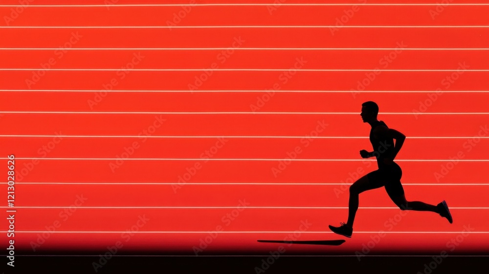 Poster silhouette of a runner in mid-stride against a background of horizontal red lines