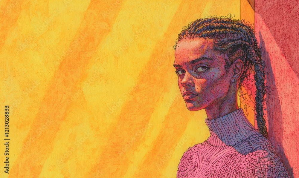 Poster captivating digital portrait rendering vibrant hues and textures for modern artistic expression in v