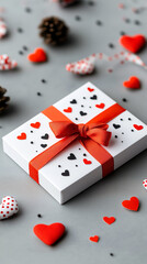 Delicate handmade Valentine's card adorned with heart cutouts and a ribbon bow, set against a soft grey background filled with playful decorations