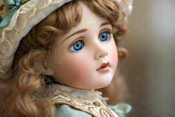 A delicate porcelain doll with blue eyes and curly hair, wearing a vintage outfit, exudes charm and nostalgia.