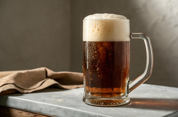 A frosty mug of dark beer sits on a marble surface, showcasing its rich color and creamy foam against a soft, neutral background.