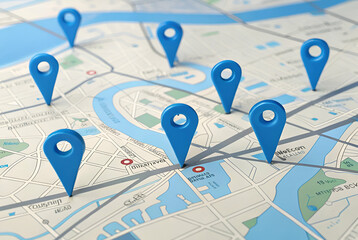 A detailed map with blue location markers indicating various points of interest or destinations.