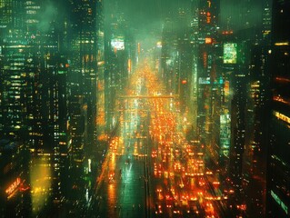Fototapeta premium Rain-Soaked City at Night: Futuristic Metropolis, Glowing Lights, Urban Landscape, Night Traffic, Neon Signs, Cyberpunk Cityscape, Rainy Atmosphere, City Streets,