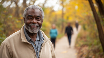 Aging black african american man, walking on a walking trail, exercise outdoors, some other people in background. Elderly black man in good health, walking or jogging outdoors. Senior, elderly black m