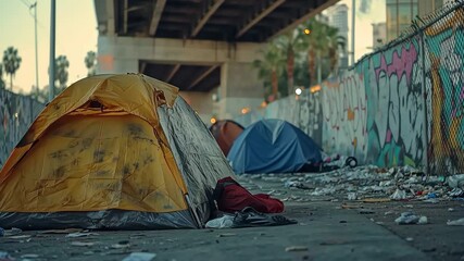 A somber view of several tents lined along a graffiti-covered wall beneath a busy overpass. Trash and debris surround the area, highlighting the day-to-day struggles faced by those living there.