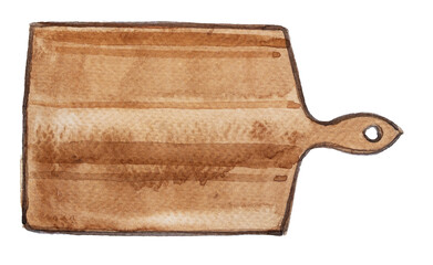 Watercolor cutting board illustration. Hand painted kirchen wood board. Kitchen supplies painting. Cooking concept design.