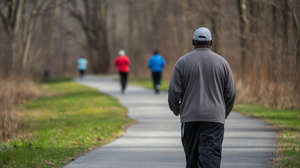 Obraz premium Aging black african american man, walking on a walking trail, exercise outdoors, some other people in background. Elderly black man in good health, walking or jogging outdoors. Senior, elderly black m