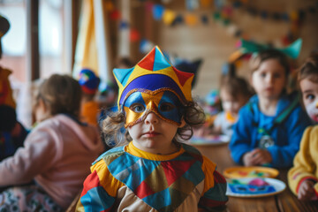 Obraz premium Clown Costume for Children at Birthday Party Wearing Harlequin Jester Outfit in Colorful Festive House Setting
