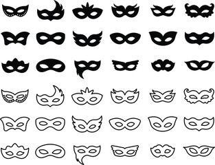 Different Mask silhouette isolated on transparent background Masquerade vector for apps or web party superhero carnival villain or burglar icon in flat, line set. costume eye mask hidden person face