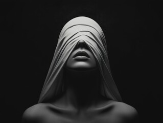 Minimalist Monochrome Portrait of a Woman Draped in a White Fabric Blindfold with Dramatic Lighting and Dark Background