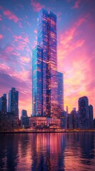 Obraz premium Modern Skyscraper Reflects Vibrant Sunset Colors over City Skyline, Creating a Stunning Urban Landscape at Dusk. Architectural Marvel Illuminates Night.