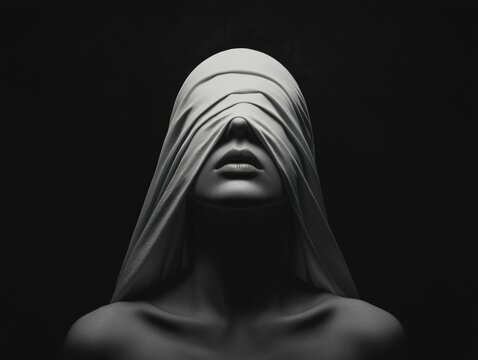 Minimalist Monochrome Portrait of a Woman Draped in a White Fabric Blindfold with Dramatic Lighting and Dark Background