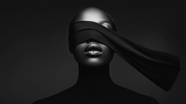 Elegant Black and White Portrait of a Woman Draped in Flowing Black Fabric Blindfold with Dramatic Lighting and Minimalistic Design