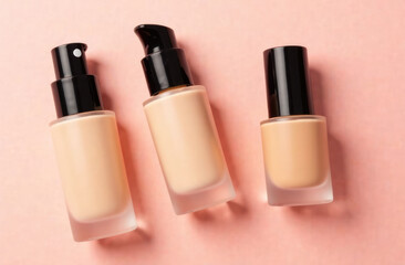 Three glass packages of face foundation on a pastel background.