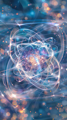 Intricate Artistic Representation of an Atomic Nucleus Highlighting Electron Orbits and Nuclear Particles