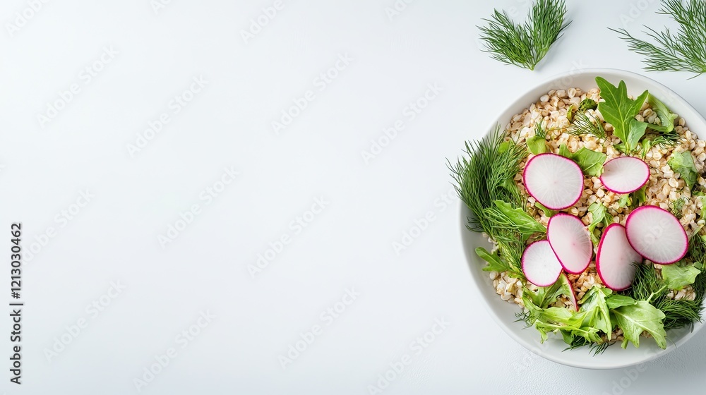 Poster elegant presentation of spelt salad with sliced radishes and dill neatly arranged on soft white back