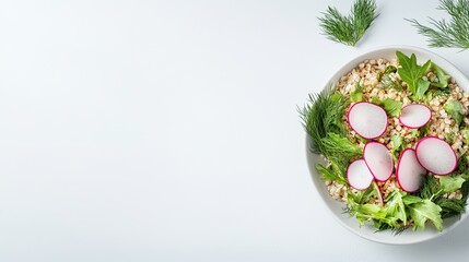 elegant presentation of spelt salad with sliced radishes and dill neatly arranged on soft white background with ample