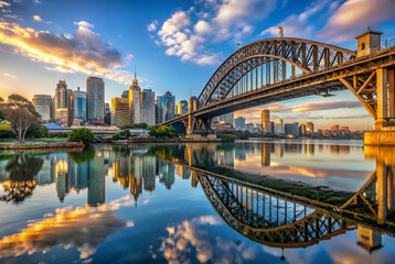 A stunning view of Sydney's skyline reflected in water, showcasing the iconic bridge under a colorful sky.