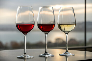 Three elegant wine glasses filled with red and white wine, set against a serene background featuring a body of water and soft, diffused light.