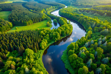 Lush green landscapes featuring a winding river surrounded by dense forests and fields, showcasing nature's beauty from an aerial perspective.