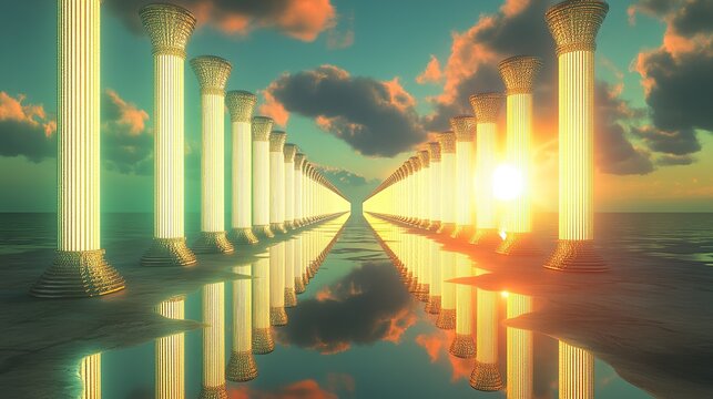 A luminary symphony of radiant columns stretched end to end in symmetrical fractal harmony over a liquid mirrored plane.