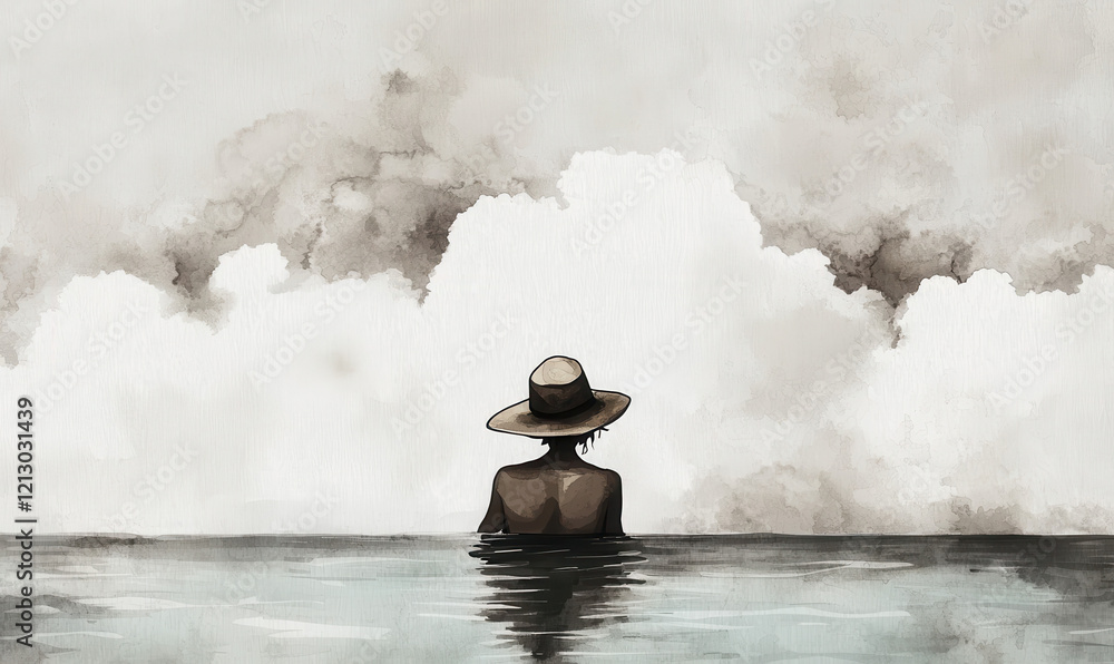 Poster explore serene solitude in dreamlike watercolor scene of reflection and tranquility, perfect for cal