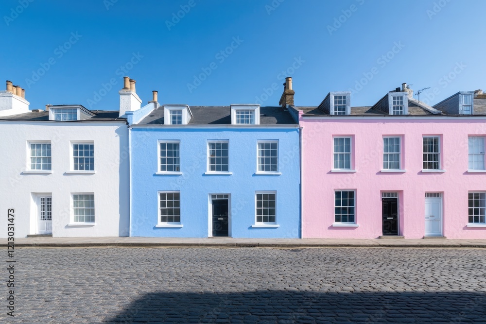 Poster panoramic view of row of colorful townhouses on cobblestone street with shadows creating depth and t