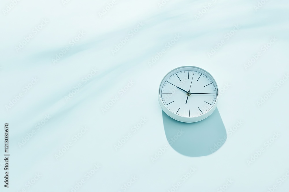 Aufkleber single analog clock with its hands set forward resting on smooth pastel blue background with faint s