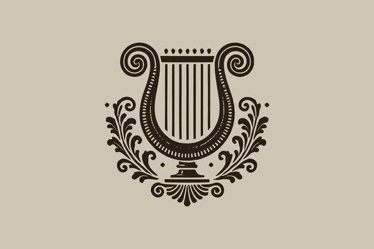 Antique lyre with decorative details, black vector engraving emblem