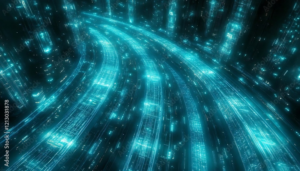 Poster glowing turquoise data streams curve through a digital landscape.