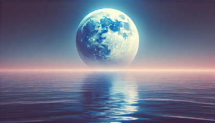 Large blue moon is floating in the sky above a calm body of water. The scene is serene and peaceful, with the moon reflecting on the water's surface