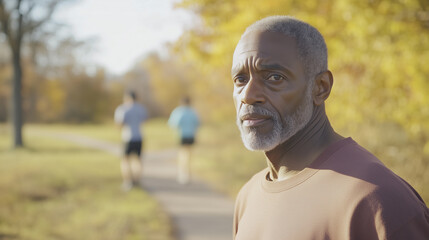 Obraz premium Aging black african american man, walking on a walking trail, exercise outdoors, some other people in background. Elderly black man in good health, walking or jogging outdoors. Senior, elderly black m