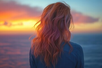 Fototapeta premium ethereal portrait of woman with cascading rose gold hair illuminated by sunset captured from behind in dreamy atmosphere