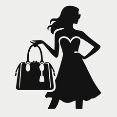 Woman Holding Handbag Silhouette in black on a white background