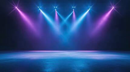 dramatic concert stage illuminated by vibrant spotlights in various hues of purple and blue