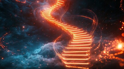 A luminous staircase spiraling upward into a glowing vortex of softly flickering neon light