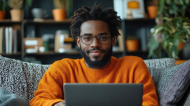 african american man in vibrant orange sweater browsing laptop on cozy couch surrounded by cyber monday sale graphics and online shopping elements