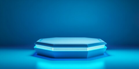 Stylish Blue Geometric Podium with Hexagonal Design &ndash; Perfect for Futuristic and Luxury Product Presentations in Vibrant Studio Settings