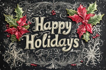 Chalkboard Happy Holidays greeting, winter floral frame, snowy background, holiday card
