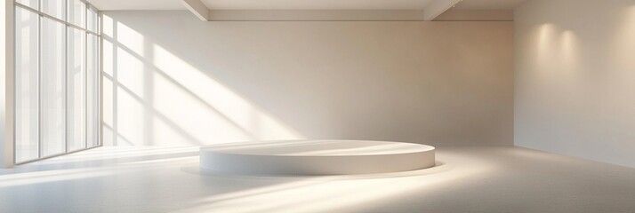 Obraz premium Minimalist 3D White Room Design with Abstract Lighting and Central Podium | Perfect Showroom for Product Displays
