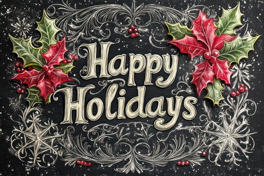 Chalkboard Happy Holidays greeting, winter floral frame, snowy background, holiday card